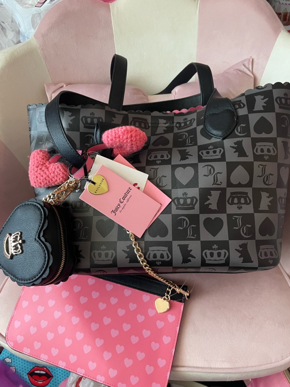 Juicy Couture Black Checker Tote with Pink Heart Charms